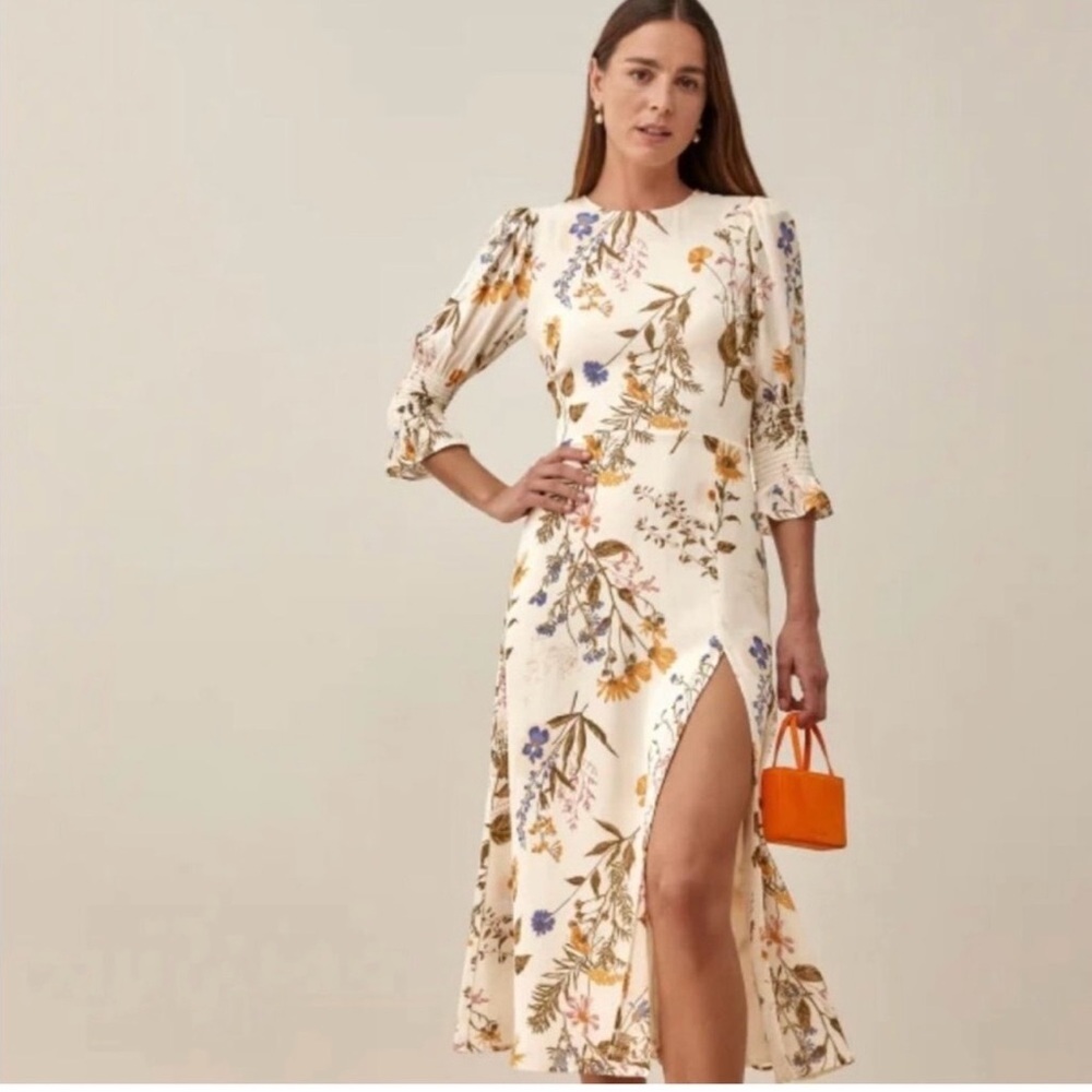 Reformation Cream Floral Long Sleeve Dress